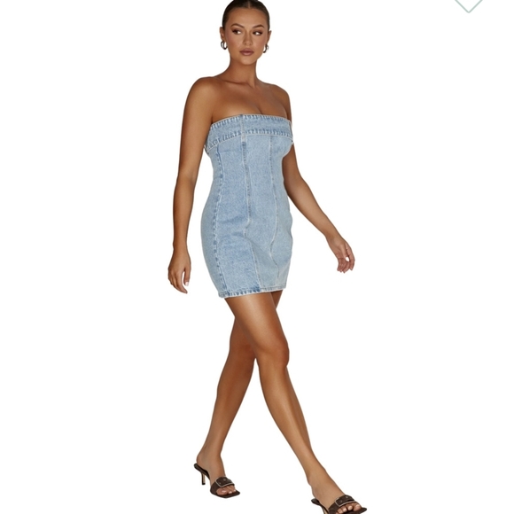 MESHKI Teddi Denim Strapless Mini Bodycon Dress Size LG - Picture 4 of 14